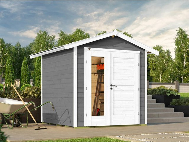 Weka Holz-Gartenhaus 224 A mit Satteldach und moderner Doppeltür in Grau - Bild 1