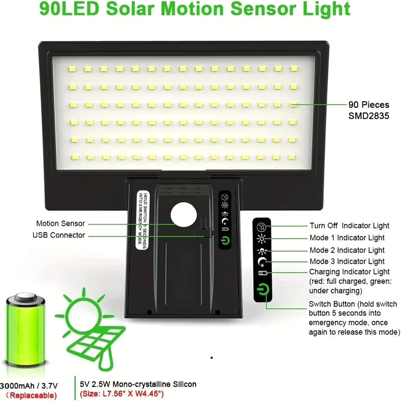 Solar-Außenleuchten mit Bewegungsmelder und 90 LEDs, wasserdichtes Sicherheitsflutlicht in Schwarz für Garten, Hof und Veranda - Bild 6