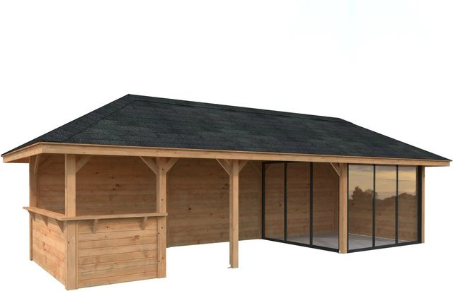 PALMAKO Pavillon Bianca Set 215 Slide aus Fichtenholz in Braun mit Alu-Schiebetüren und Zeltdach, B/H/T: 876 x 319 x 300 cm - Bild 2