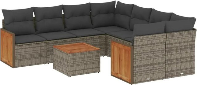 vidaXL 9-tlg Garten-Sofagarnitur aus Poly Rattan in Grau mit Kissen und Akazienholz - Bild 1
