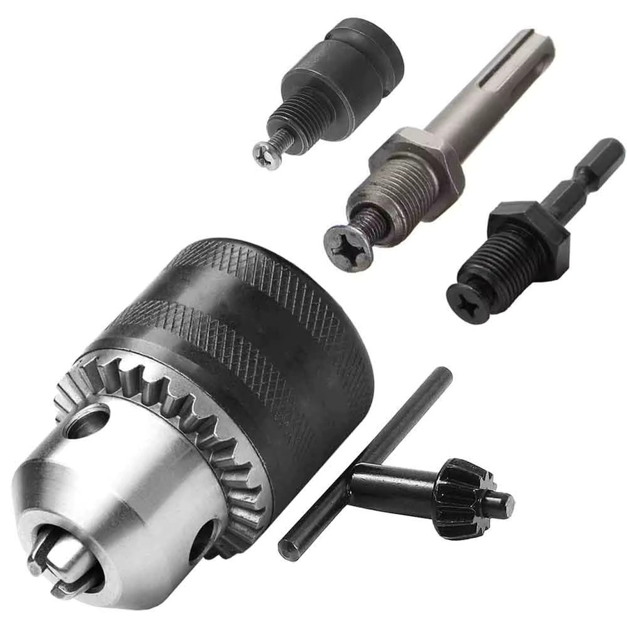 Bohrfutter-Adapter Set in Silber mit 1/2–20 UNF-Montage, 3,0–16 mm Spannbereich, Sechskantschaft und SDS-Plus-Sockel inklusive quadratischem Adapter und Spannfutterschlüssel für Schlagschrauber-Bits - Bild 3