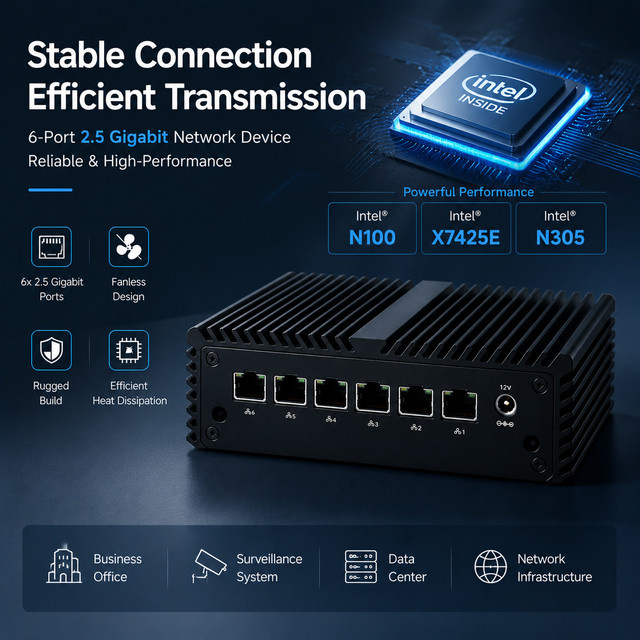Qotom N100 Mini-PC X7425E N305 Barebone mit DDR5 RAM und 6 x 2,5G LAN in Schwarz - Bild 1