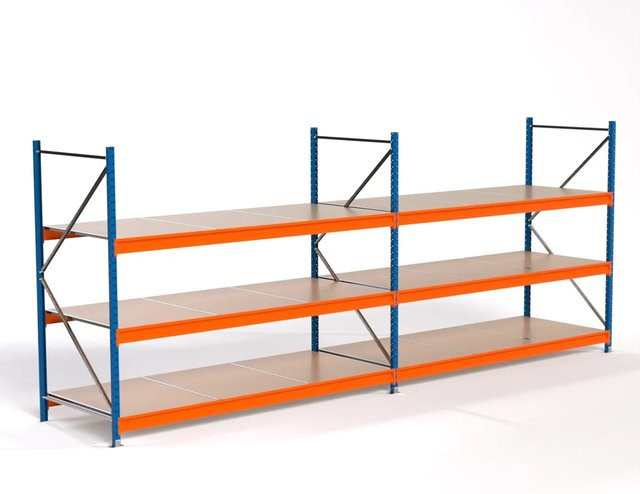 PROREGAL Industrie Weitspannregal MAXIMUS PRO Lagerregal mit 2 Feldern und 3 Spanplatten-Fachböden, Blau/Orange, H x B x T: 200 x 500 x 100 cm - Bild 1