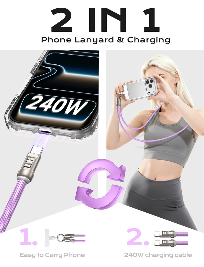 AUFU 2in1 USB-C zu USB-C Schnellladekabel mit 240W PD3.1 und Lanyard für MacBook, iPhone, Samsung und Laptop in Schwarz oder Lila - Bild 3