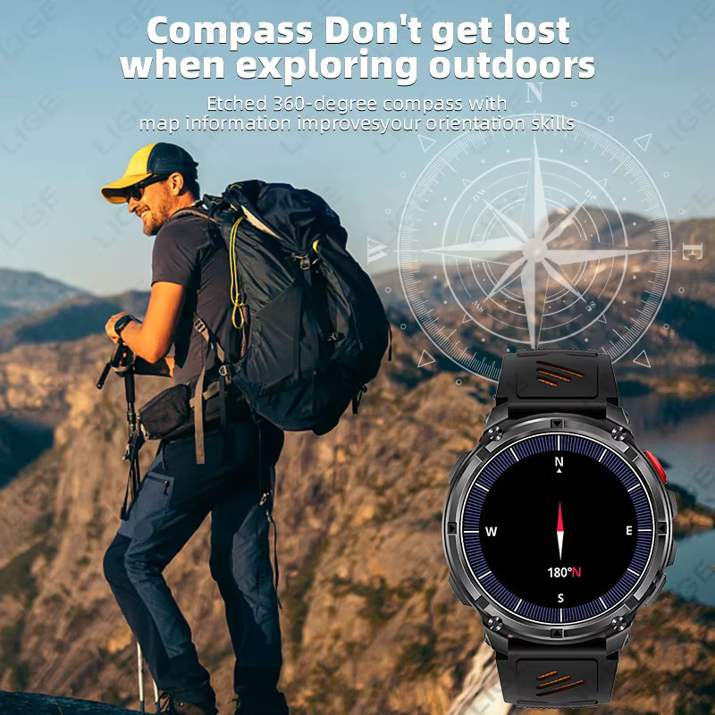 LIGE Smartwatch für Männer in Schwarz mit 1100 mAh Akku, Kompass, LED Taschenlampe, Sprachanruf-Funktion, Herzfrequenzmessung und IP68 Wasserdichtigkeit - Bild 3