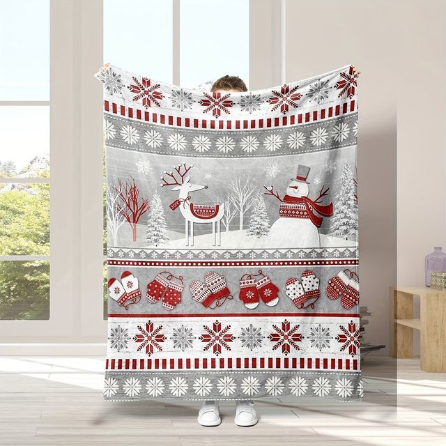 VIKAMA Weihnachts-Teppich mit Schneemann- und Elch-Motiv in Weiß, weicher Kunstfell-Dekoration für Weihnachten, B/T: 90 x 75 cm - Bild 1