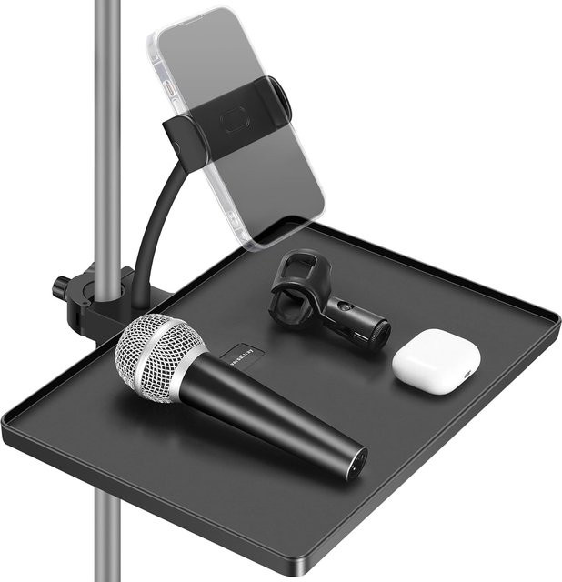 Mikrofonständer-Tablett mit Telefonhalter in Schwarz für Podcast, Streaming und Bühne - Bild 1