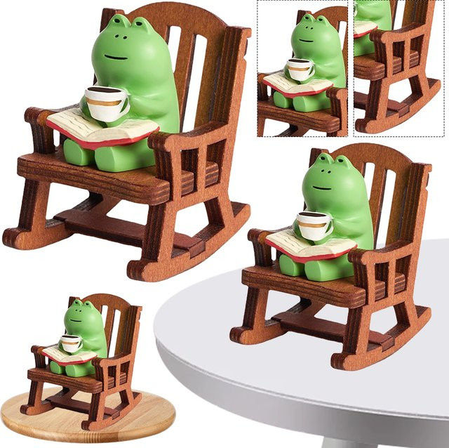 Shunmaii Mini-Frosch-Harzfigur in Grün mit Schaukelstuhl, Buch und Kaffee als Deko-Ornament für dein Zuhause oder Auto - Bild 1