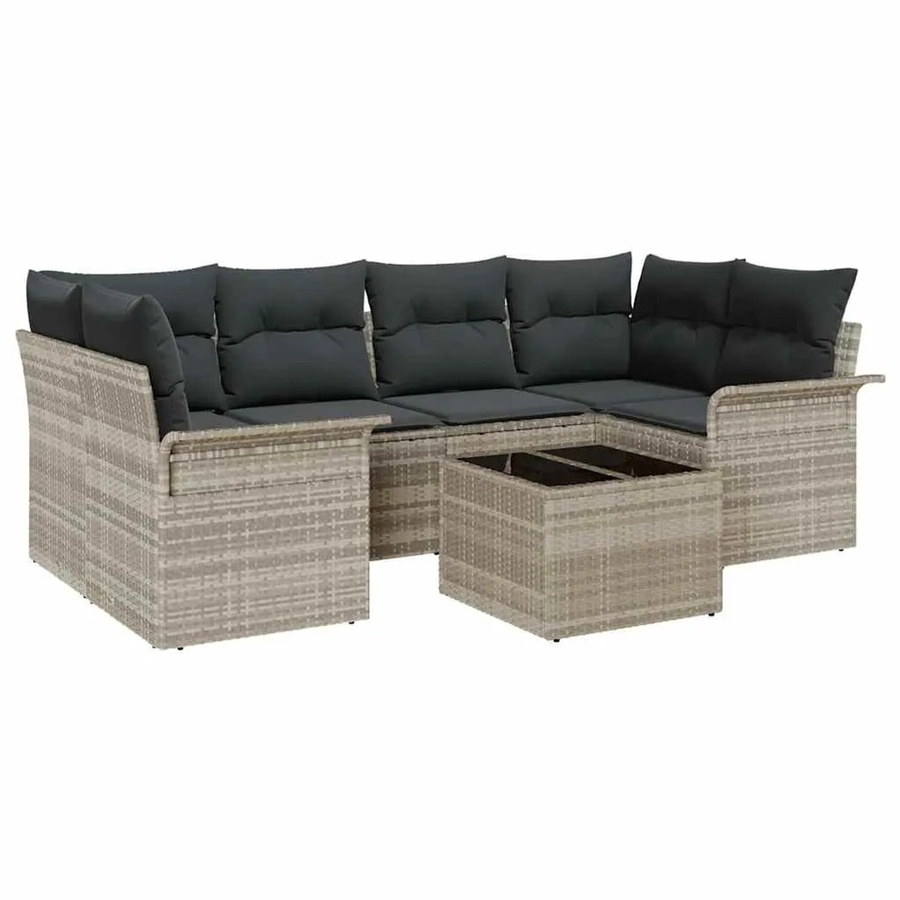 vidaXL Garten-Sofa-Set 7-teilig aus Polyrattan in Hellgrau mit L-Form und Polsterkissen - Bild 2