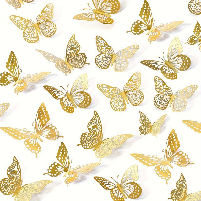SZ-JZQ 3D Schmetterlings Wanddekoration in Gold, 48 Stück mit 4 Stilen und 3 Größen, selbstklebende Schmetterlings-Aufkleber aus metallischem Papier für Geburtstagsfeiern und Hochzeiten - Bild 1