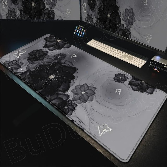 Pretty Art Flower XXL Mauspad im Kawaii-Design, Schwarz-Weiß, Schreibtischunterlage für Laptop und Tastatur - Bild 1