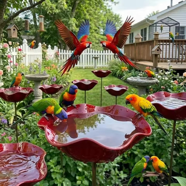 ALLOET Vogelbad aus Metall mit Blumendesign und Schmetterlings-Motiv in Rot als Gartenstecker für Bienen und Vögel - Bild 1