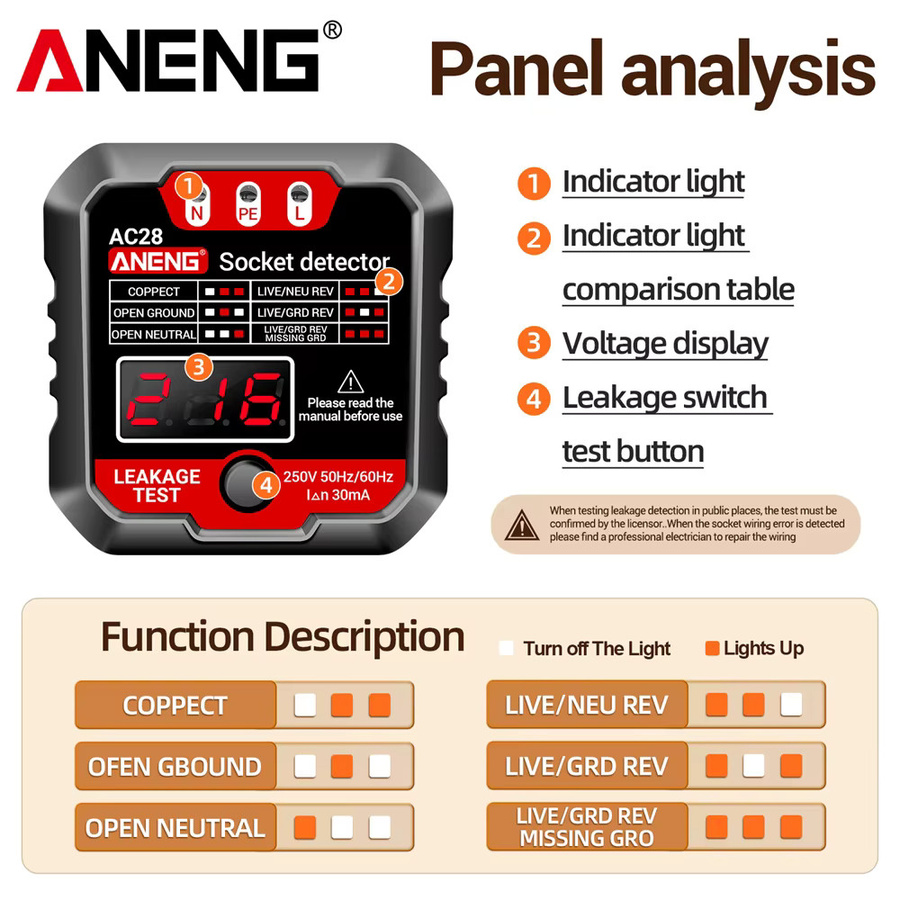 ANENG AC28 Digitaler Steckdosen-Leistungstester in Schwarz als Spannungsprüfer und Steckdosenpolaritätsdetektor für EU/US-Stecker (250 V, 50 Hz/60 Hz) - Bild 3