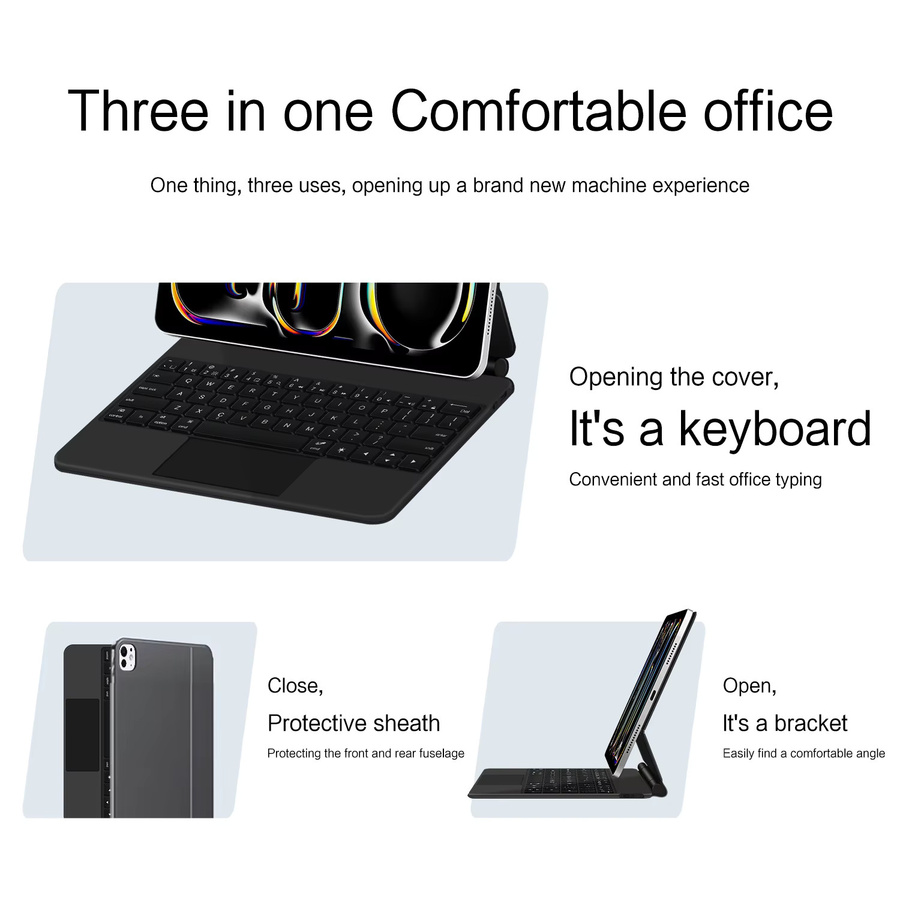 Qukam Beleuchtetes Magic Keyboard für iPad mit Bluetooth-Tastatur und magnetischer Smart Hülle in Schwarz oder Weiß - Bild 3