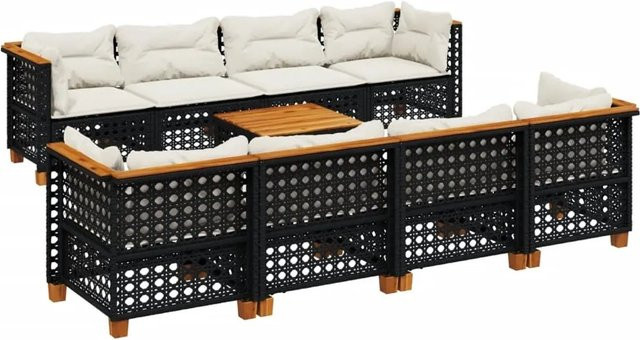 vidaXL 9-teilige Garten-Sofagarnitur mit Kissen aus Poly-Rattan und Akazienholz in Schwarz - Bild 1