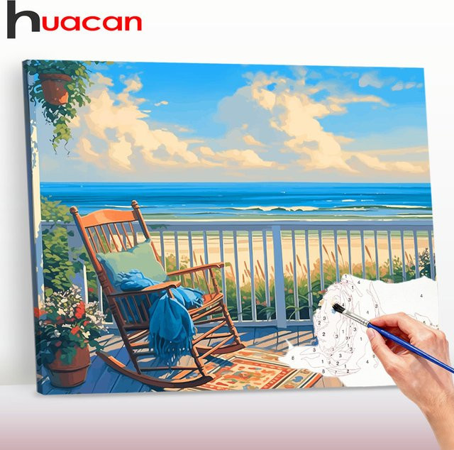 Huacan Malen nach Zahlen Set: DIY Strandlandschaft mit Blumen und Stuhl in Mehrfarbig - Bild 1