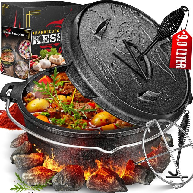 KESSER Dutch Oven Set BBQ Feuertopf aus Gusseisen mit Deckelheber und Schlitz für Thermometer für Outdoor und Indoor - Bild 1