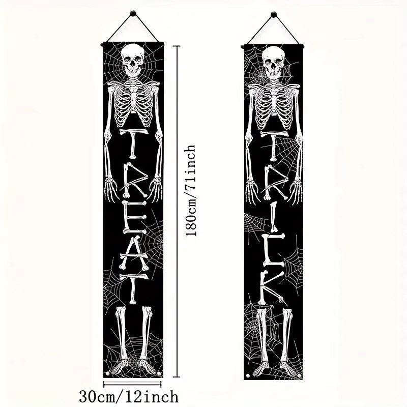 VIKAMA Halloween Türbanner Geisterschädel mit Süßes oder Saures Schriftzug, hängendes Party-Dekor in Schwarz-Weiß, B/H: 30 x 180 cm - Bild 4