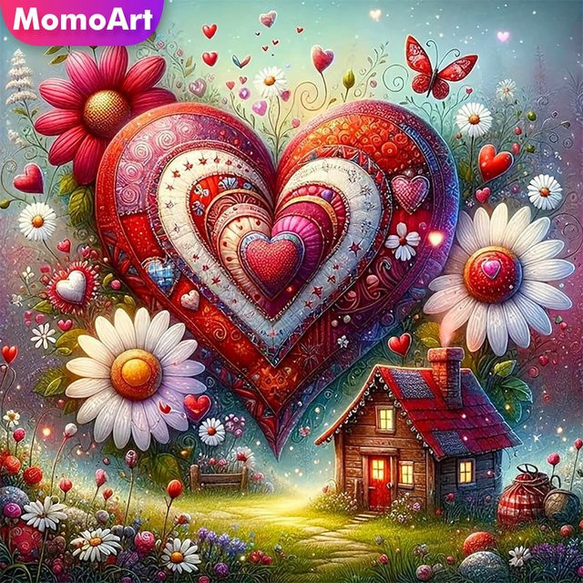 Momoart Diamant-Mosaik Bastelset mit Liebesherz und Gänseblümchen in Mehrfarbig, Wanddekoration als Rundes Strass-Bild mit Vollquadrat-Steinen - Bild 1