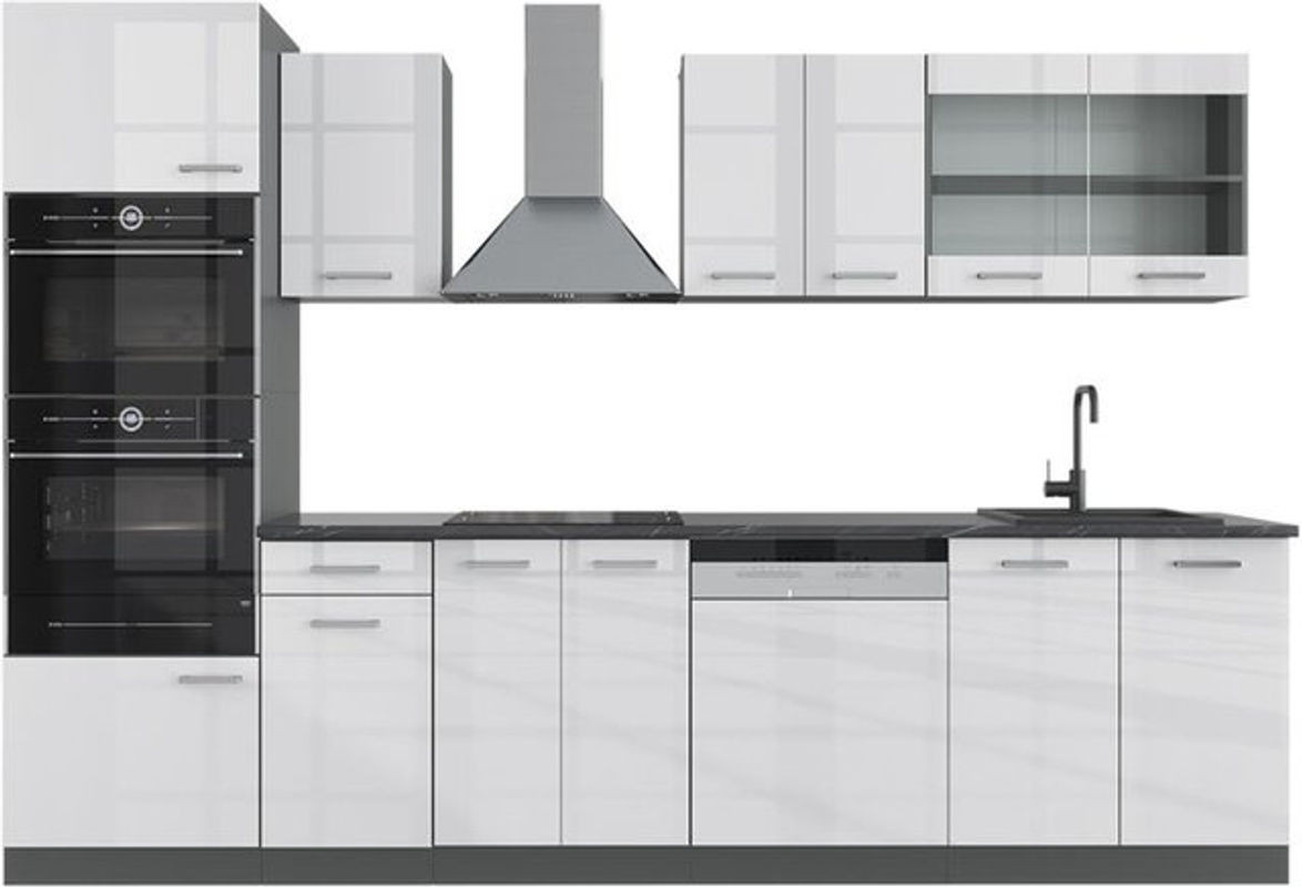 Vicco Küchenzeile R-Line in Weiß Hochglanz und Anthrazit mit Hochschrank, Breite: 300 cm - Bild 1
