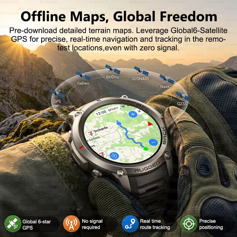 GUHUAVMI GPS-Smartwatch für Herren in Schwarz mit Offline-Karte, Kompass, Höhenmesser, Barometer, 5ATM Wasserdichtigkeit, 170+ Sportmodi und Bluetooth-Anruffunktion - Bild 3