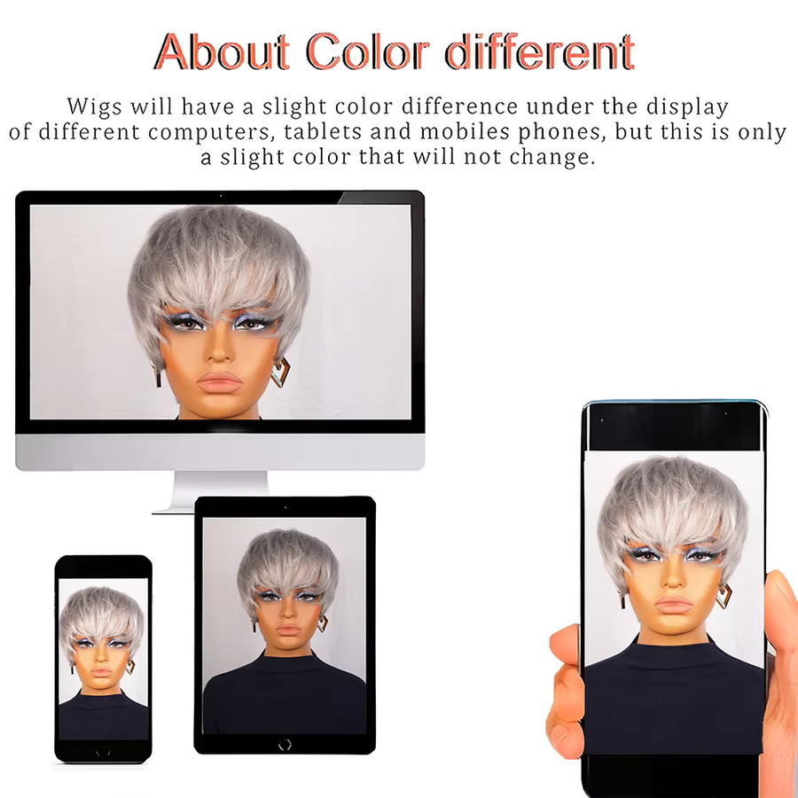 OYM HAIR Echthaar-Perücke, Pixie-Schnitt, grau, lockig, mit Pony - Bild 4
