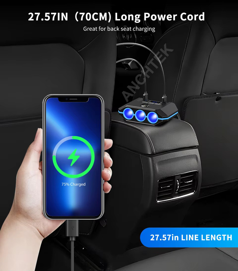 Anchtek 120W Auto Zigarettenanzünder Adapter mit USB-Schnellladegerät und LED-Voltmeter in Schwarz - Bild 4