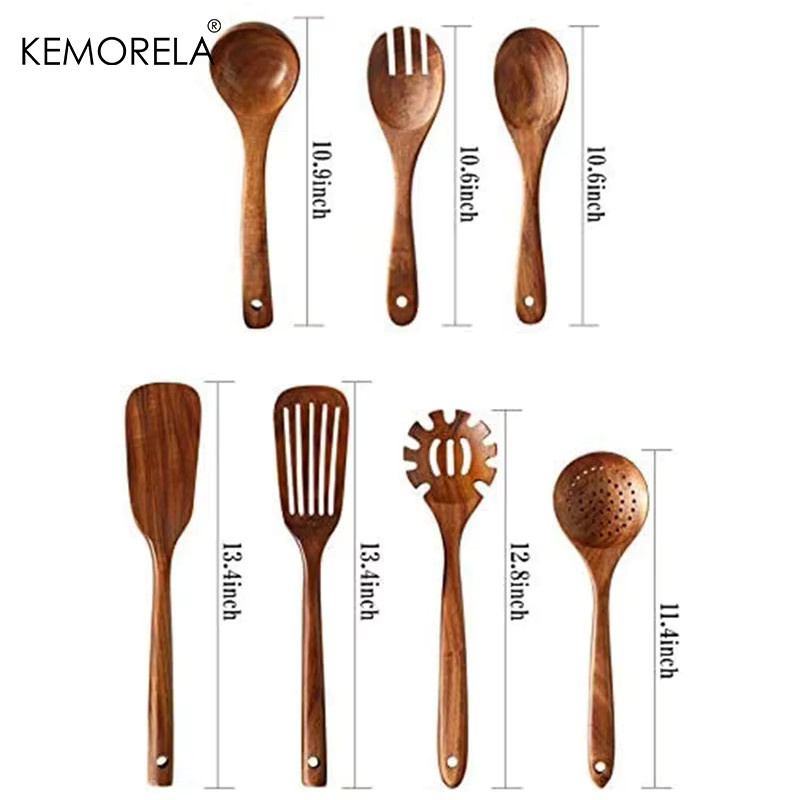 KEMORELA Kochlöffel Set aus natürlichem Thailand Teak Holz in Braun, 7-teiliges Küchenwerkzeug Set mit Schöpfkelle, Reissieb und Skimmer - Bild 4
