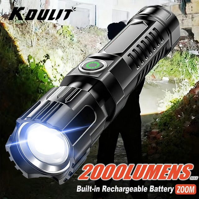 KDULIT Taktische LED-Taschenlampe mit 20000 Lumen, wiederaufladbar via USB, IPX7 wasserdicht, Schwarz - Bild 1