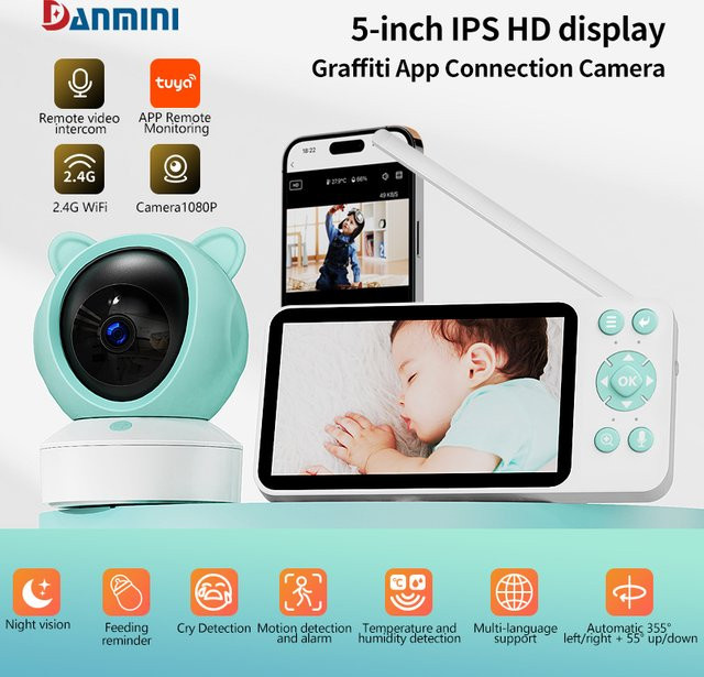 Danmini Babyphone mit 5 Zoll Monitor, 1080P Kamera, Tuya App Steuerung, Zwei-Wege-Gegensprechanlage und Bewegungserkennung - Bild 1
