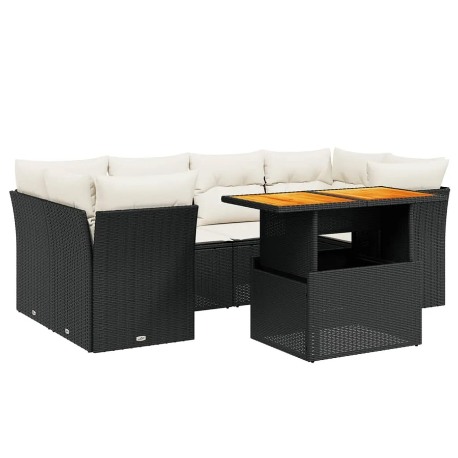 vidaXL 7-teilige Garten-Sofagarnitur in L-Form aus Polyrattan und Akazienholz mit Kissen, Schwarz-Creme - Bild 2
