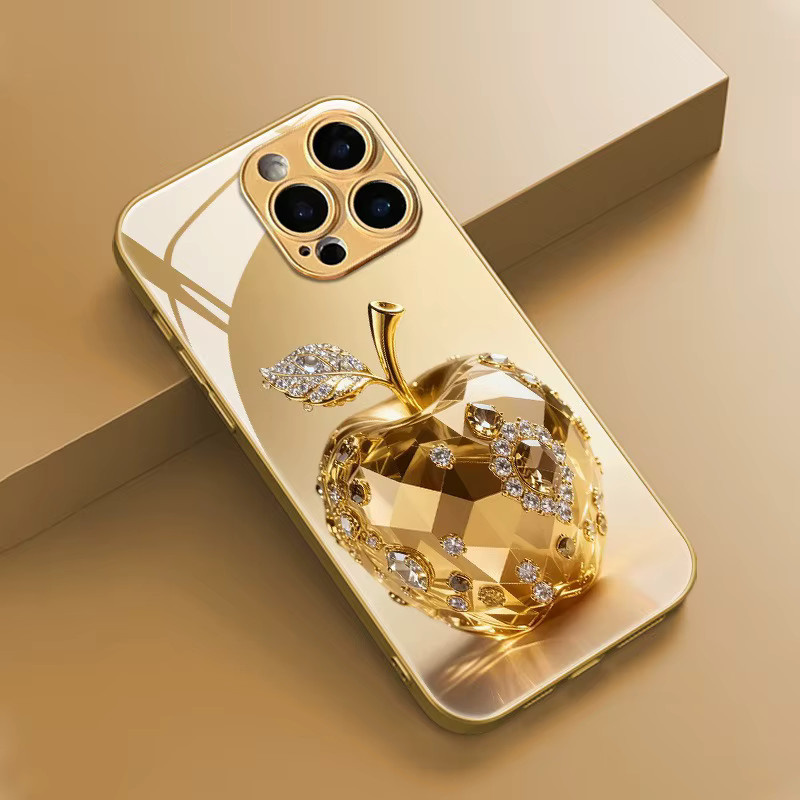 Luxuriöse Schutzhülle mit Apple-Muster aus goldmetallic lackiertem Glas für iPhone 18 17 16 15 14 13 12 11 Pro Max Plus und 17Air in Gold - Bild 4