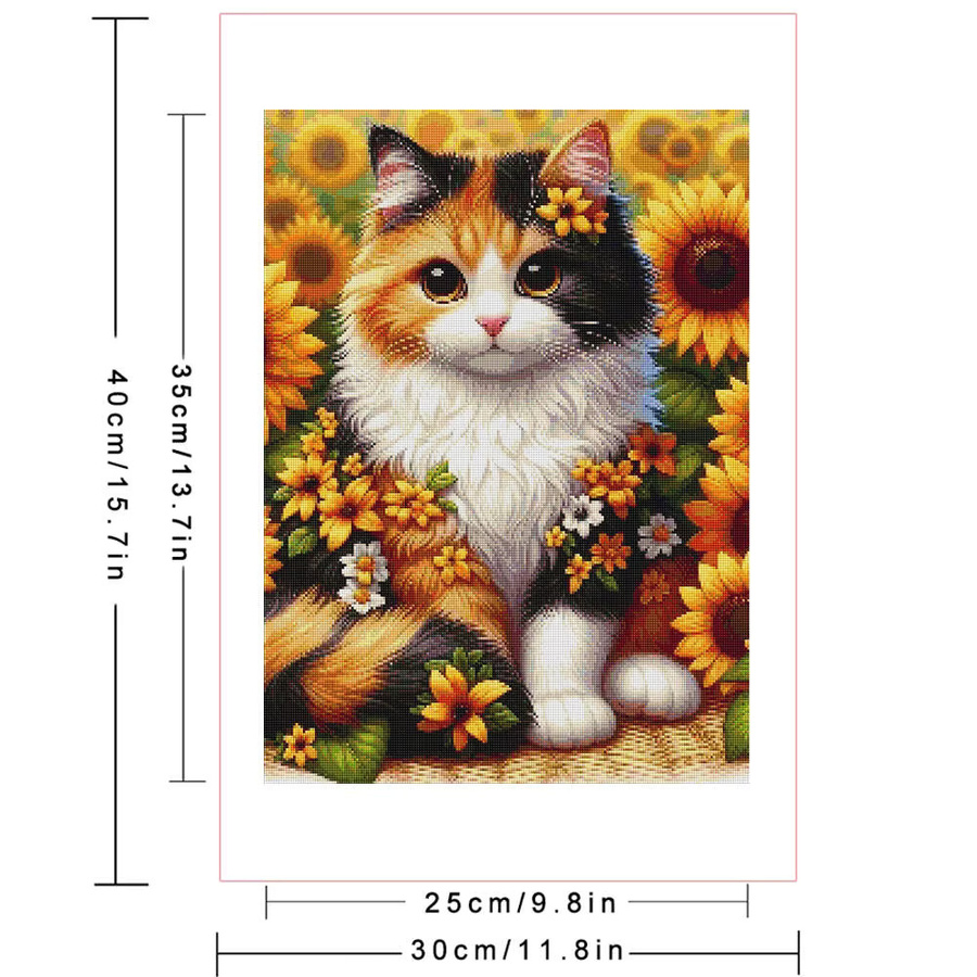 Huacan Diamant-Malerei Katze und Blumen als rundes Diamant-Mosaik in Multicolor, Wandmontage, Durchmesser: 40 cm - Bild 2