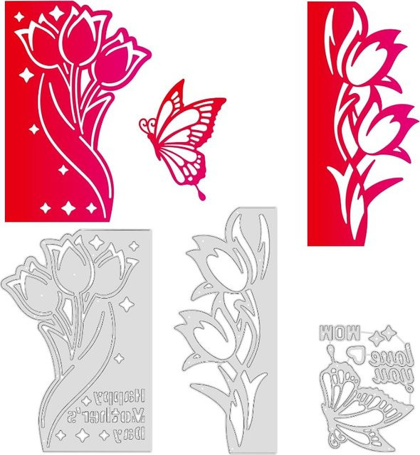3 Stück Stanzformen Set aus Kohlenstoffstahl mit Tulpen, Schmetterlingen und Love You Schriftzug für DIY Bastelarbeiten - Bild 1