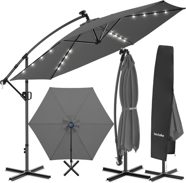 tectake Ampelschirm Grau mit LED Solar-Beleuchtung und Schutzhülle, 360 Grad drehbar, Kurbelmechanismus, B/T: 350 x 350 cm - Bild 1