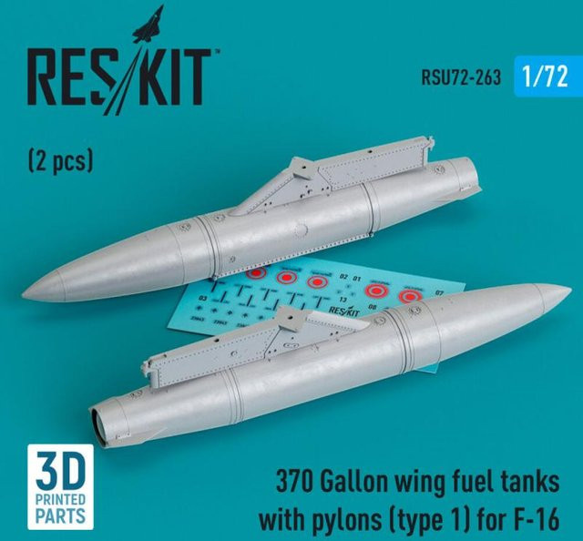ResKit Models 370 Gallon wing fuel tanks with pylons (type 1) for F-16 (A/B/C/D/E/F/I), 2-teiliges Set, 1:72 - Bild 1