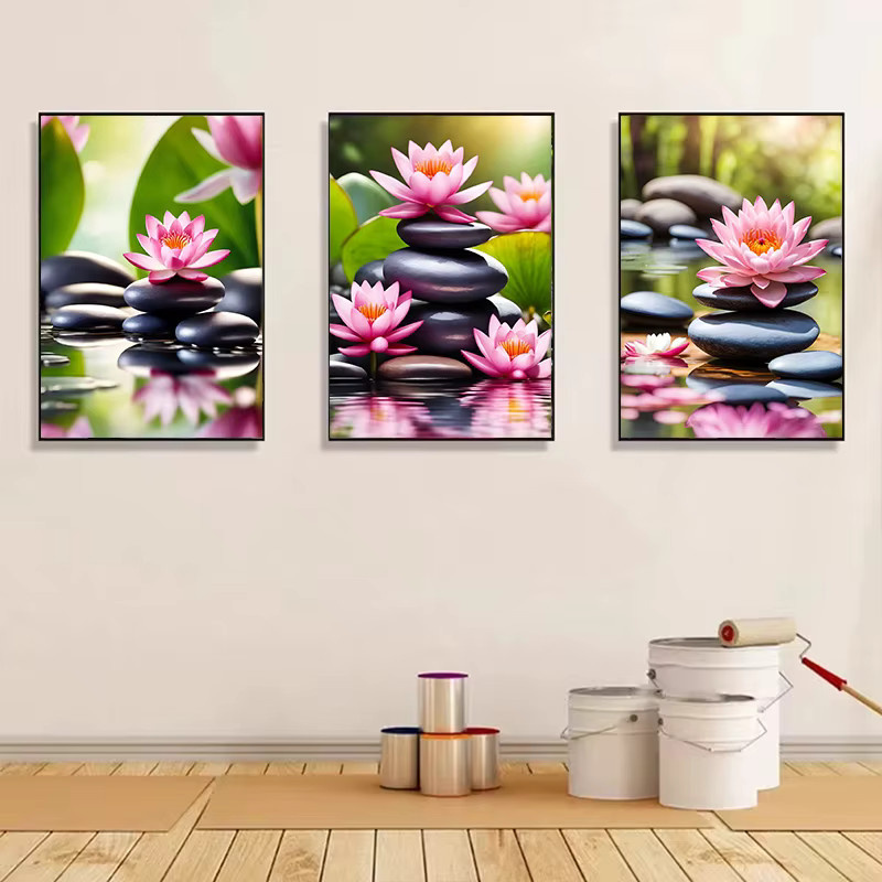 Potdemiel Wandkunst Leinwandgemälde Pink Lily Tranquility Spa Zen Stone in Pink mit floralem Design und Naturmotiv - Bild 1