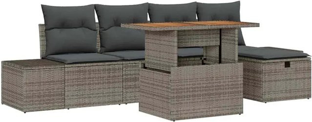 vidaXL Garten-Sofa-Set 6-teilig aus Polyrattan in Grau mit Polstern und Couchtisch - Bild 1