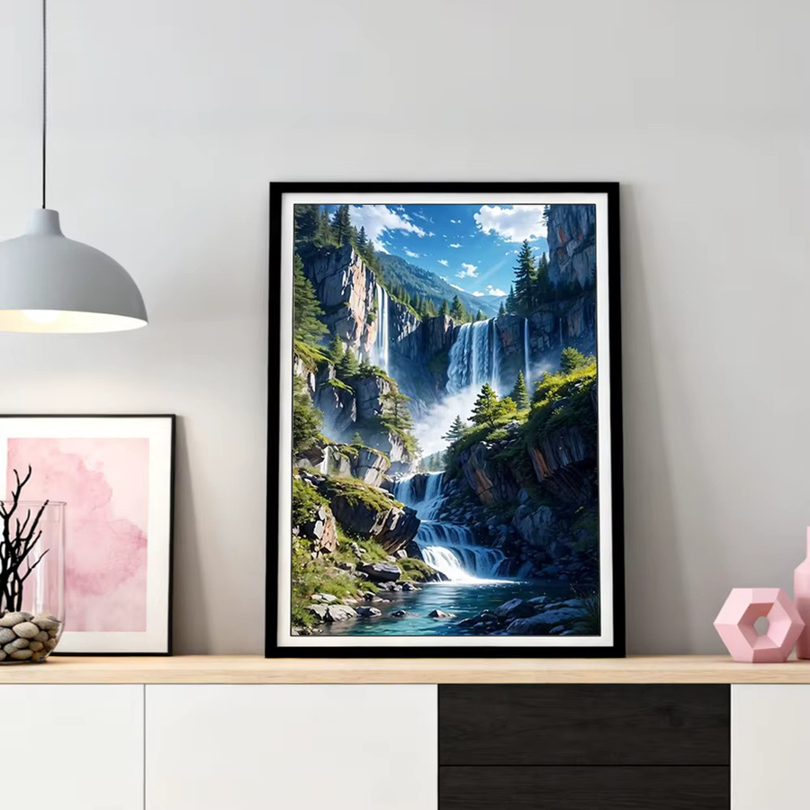 HUACAN Diamant-Mosaik DIY Bastelset Wasserfall-Landschaft für Erwachsene, Rund, Multicolour - Bild 3