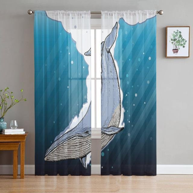 Transparenter Tüllvorhang mit Wal-Motiv von A Family Of Home Textiles in Blau, Breite: 135 cm, Höhe: 114 cm - Bild 1