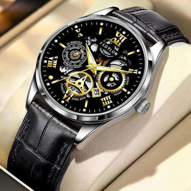 YIRAN Jewelry Armbanduhr, Automatik, Edelstahl, Leder, Schwarz, Herren - Bild 1