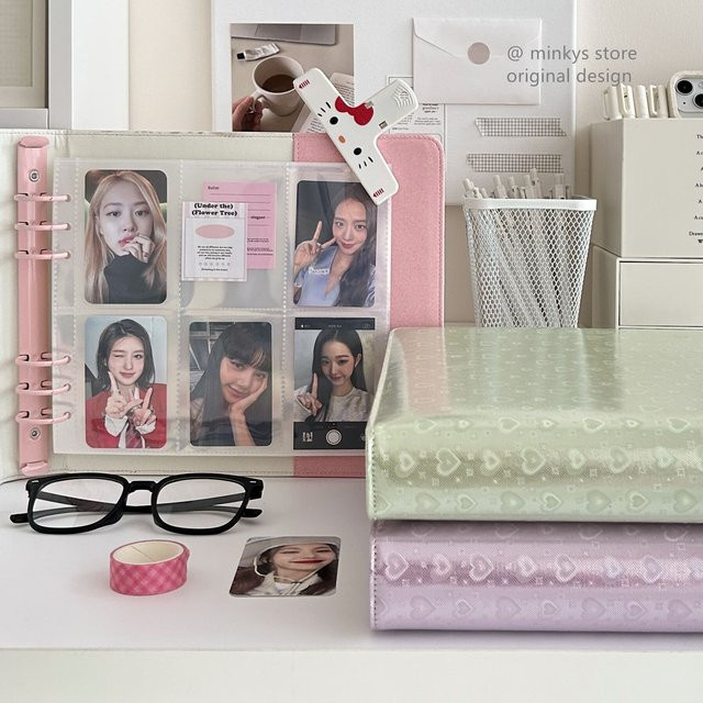 MINKYS Kpop Fotokartenalbum mit glitzerndem Liebesherz in Pink, Sammelbuch für 6 Space Idol Fotokarten mit PU-Material - Bild 1