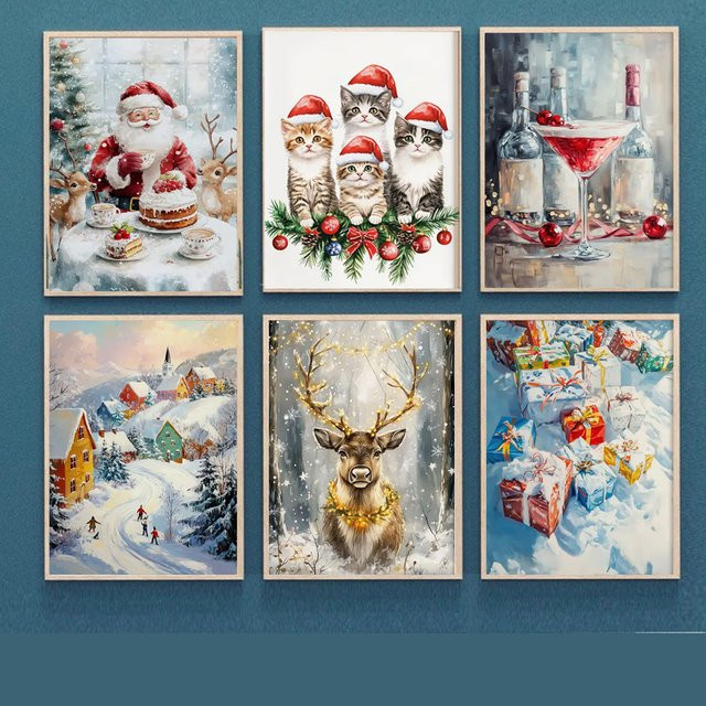 Potdemiel Leinwandmalerei Weihnachten mit Santa Claus und Winterlandschaft, Mehrfarbig - Bild 1