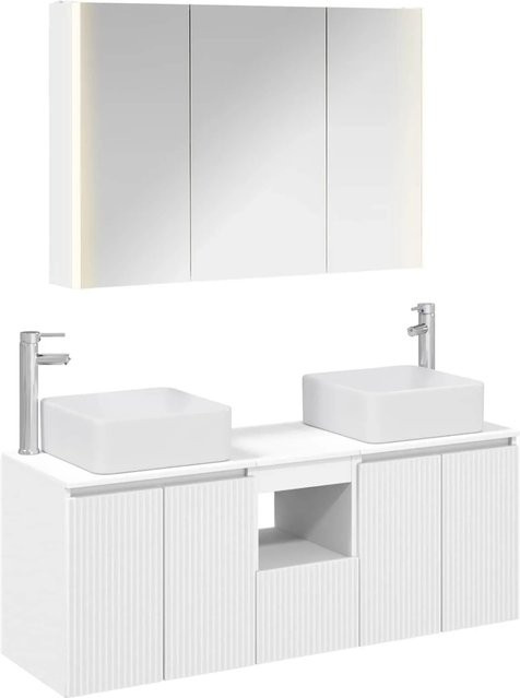 vidaXL Badezimmerschrank-Set 4-teilig in Weiß Matt, modernes Design mit Waschtischunterschrank, Spiegelschrank mit LED-Beleuchtung und Wandunterschrank aus MDF - Bild 1