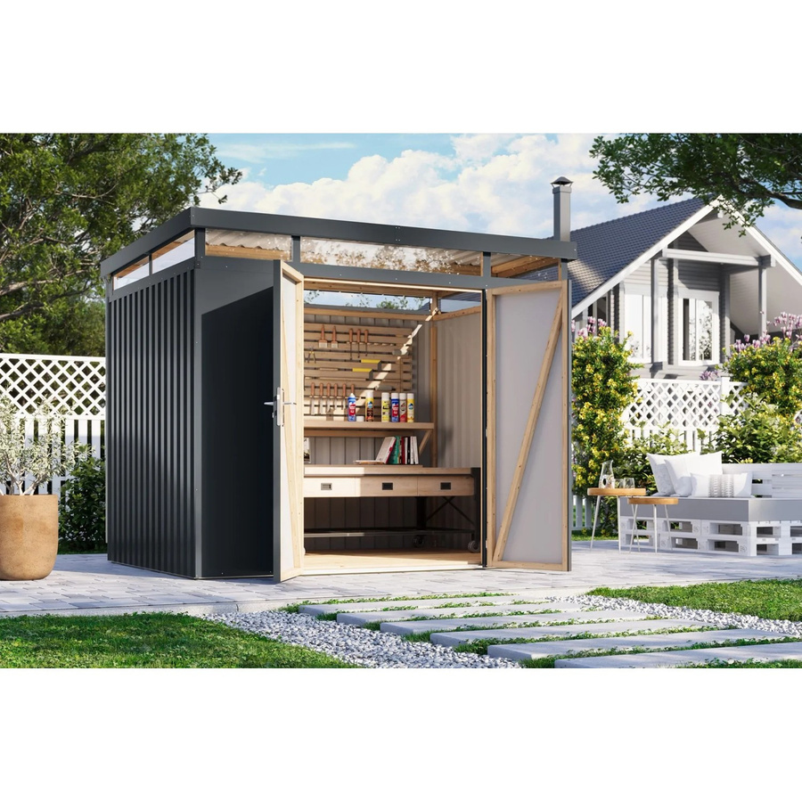 Karibu Metallgerätehaus Argos 3 in Anthrazit aus Trapezblech und Leimholz - Bild 2