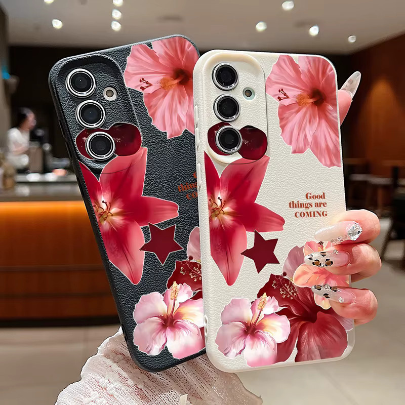 Silikonhülle mit Blumenmuster und Lederstruktur für Samsung Galaxy S25 Edge S24 FE S23 S22 S21 Ultra A17 A56 A55 A36 A15 A16 in Grau und Mehrfarbig - Bild 2
