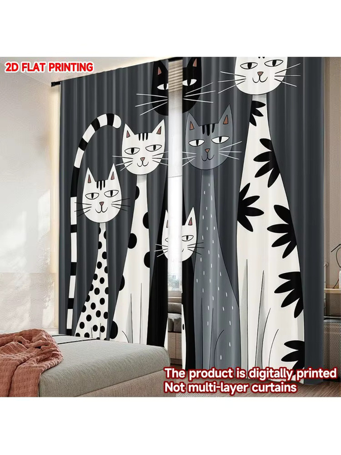 2er-Set Szenenvorhänge mit Cartoon-Katzen-Motiv, digital bedruckte Polyester-Vorhänge für den Innenbereich, Mehrfarbig - Bild 7