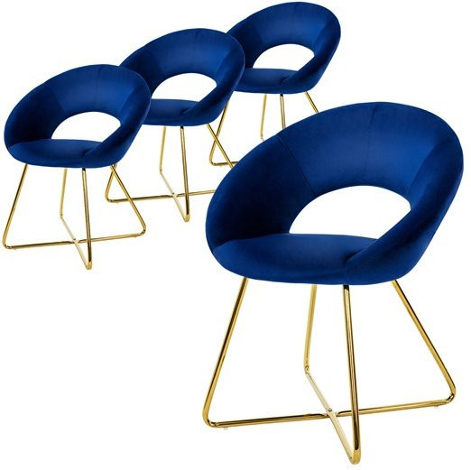 ML-Design Esszimmerstuhl 4er Set aus blauem Samt mit runder Rückenlehne und goldenen Metallbeinen - Bild 1