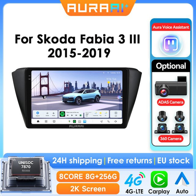 AURAAI Intelligentes Android 13 Autoradio für Skoda Fabia 3 III 2015 - 2019 mit 256G Speicher, 8G RAM, GPS, CarPlay, ADAS, 360-Grad-Kamera und 2K Bildschirm in Schwarz - Bild 1