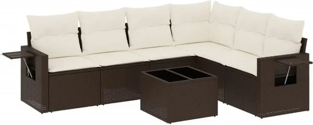 vidaXL 7-teilige Garten-Sitzgruppe aus Polyrattan in Braun mit wetterfesten Kissen und L-Form - Bild 1
